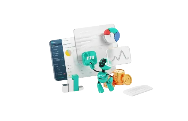 Gösterge paneli, grafikler ve para yığınlarının arasında duran MountainTech+ fiyatlandırma ve teklif otomasyonu robotu